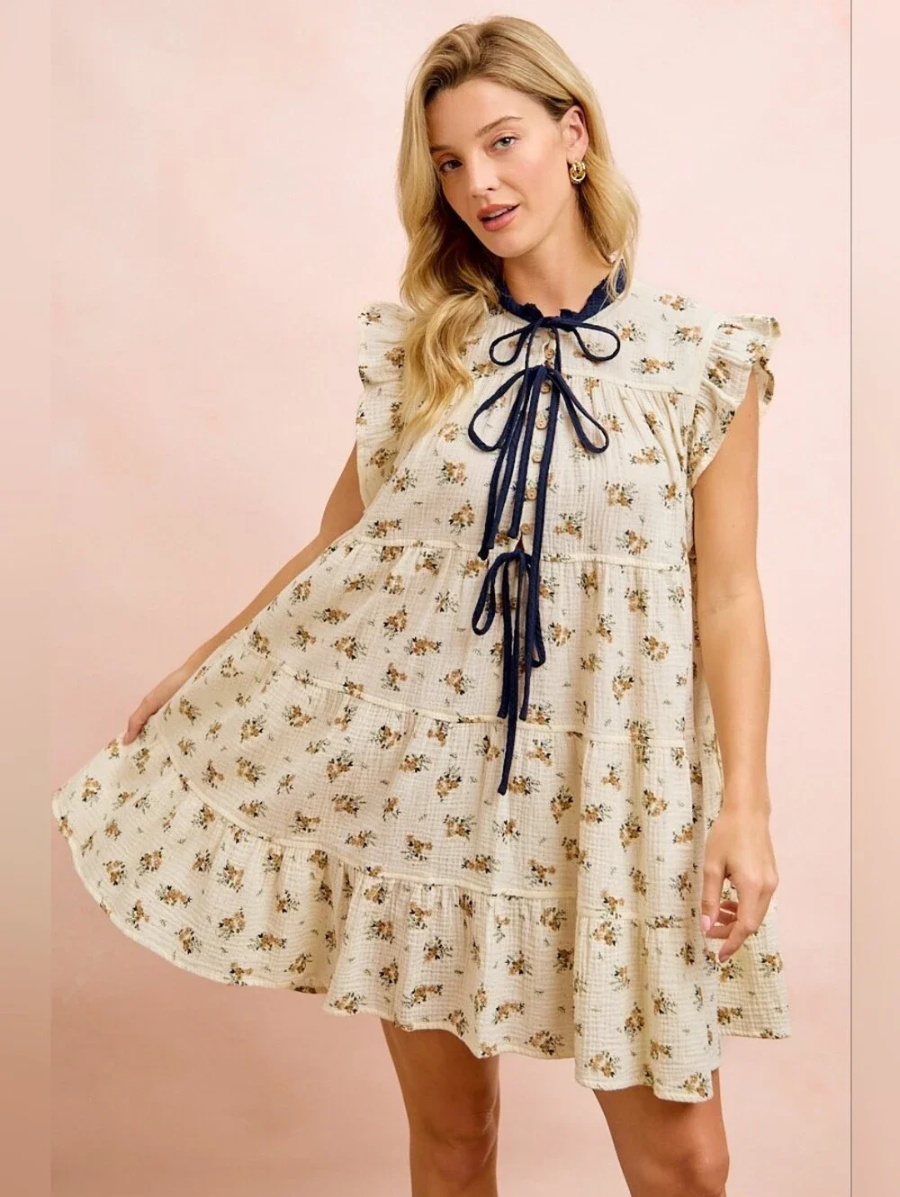 BiBi Floral Multi-tierd Dress With Ruffles And Front Tie- Cream Navy - Picture 8 of 13